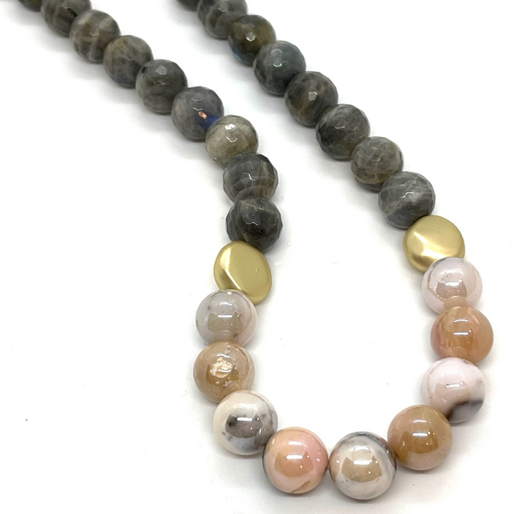 Natural Labradorite And Pink Opal Necklace With Matte Gold Accents