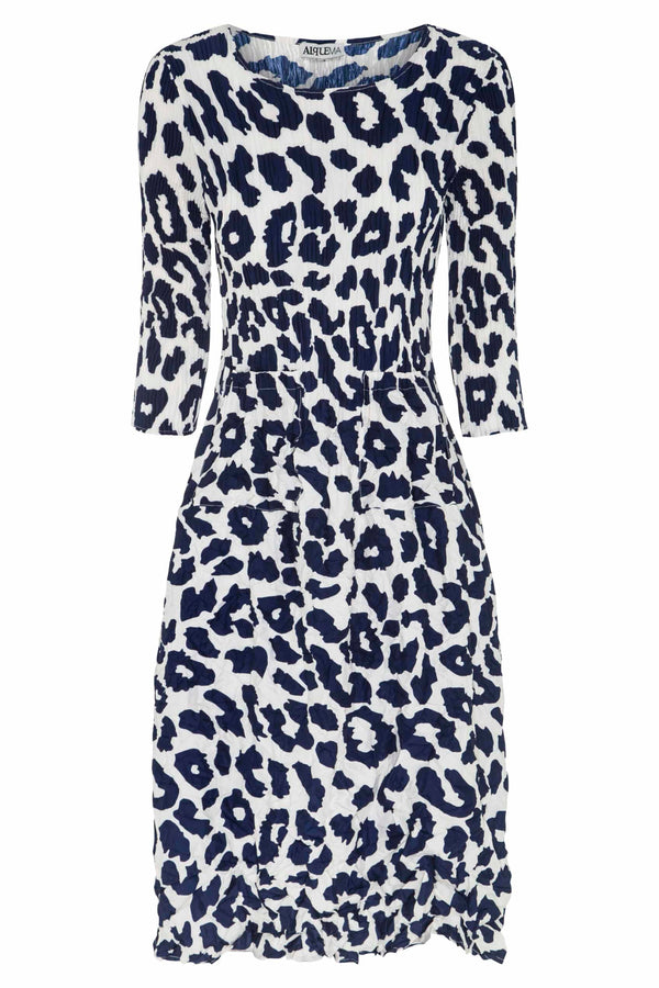 3/4 Sleeve Smash Pocket Dress Indigo Leopard
