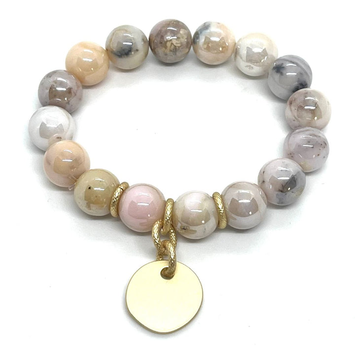 Natural Opal Stretch Bracelet With Matte Gold Charm