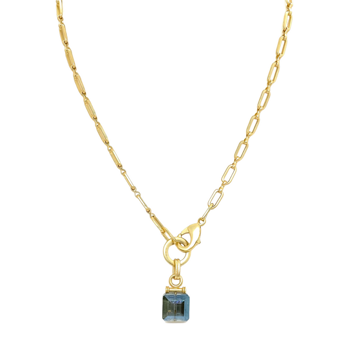 Square Blue Crystal Front Closure Necklace On Matte Gold Chain