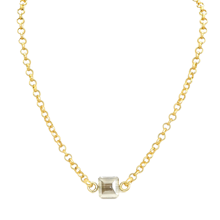 Square Light Smoke Crystal On Matte Gold Chain Necklace