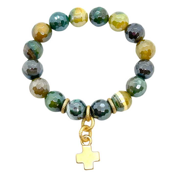 Teal Agate With Matte Gold Cross Stretch Bracelet