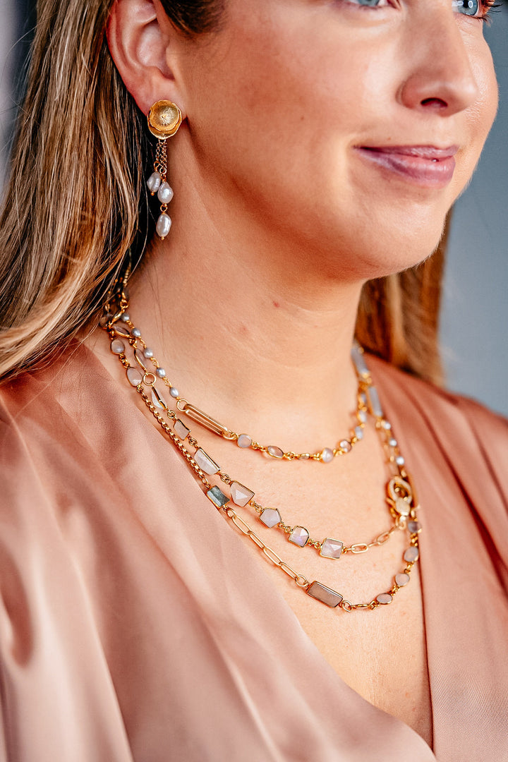 Gold Moonstone, Aquamarine and Pearl Long Necklace