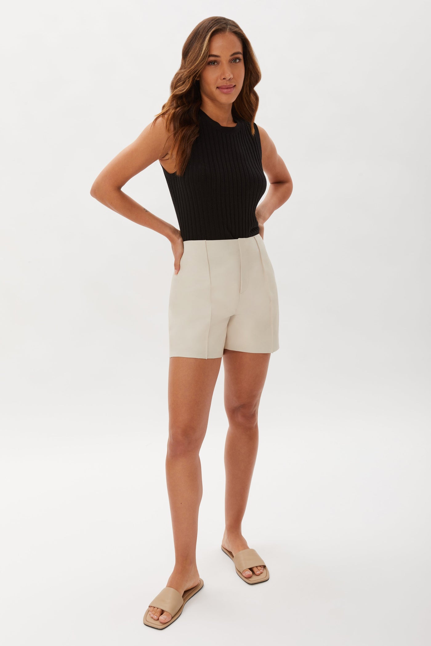 Faux Leather Short With Pintucks - Natural