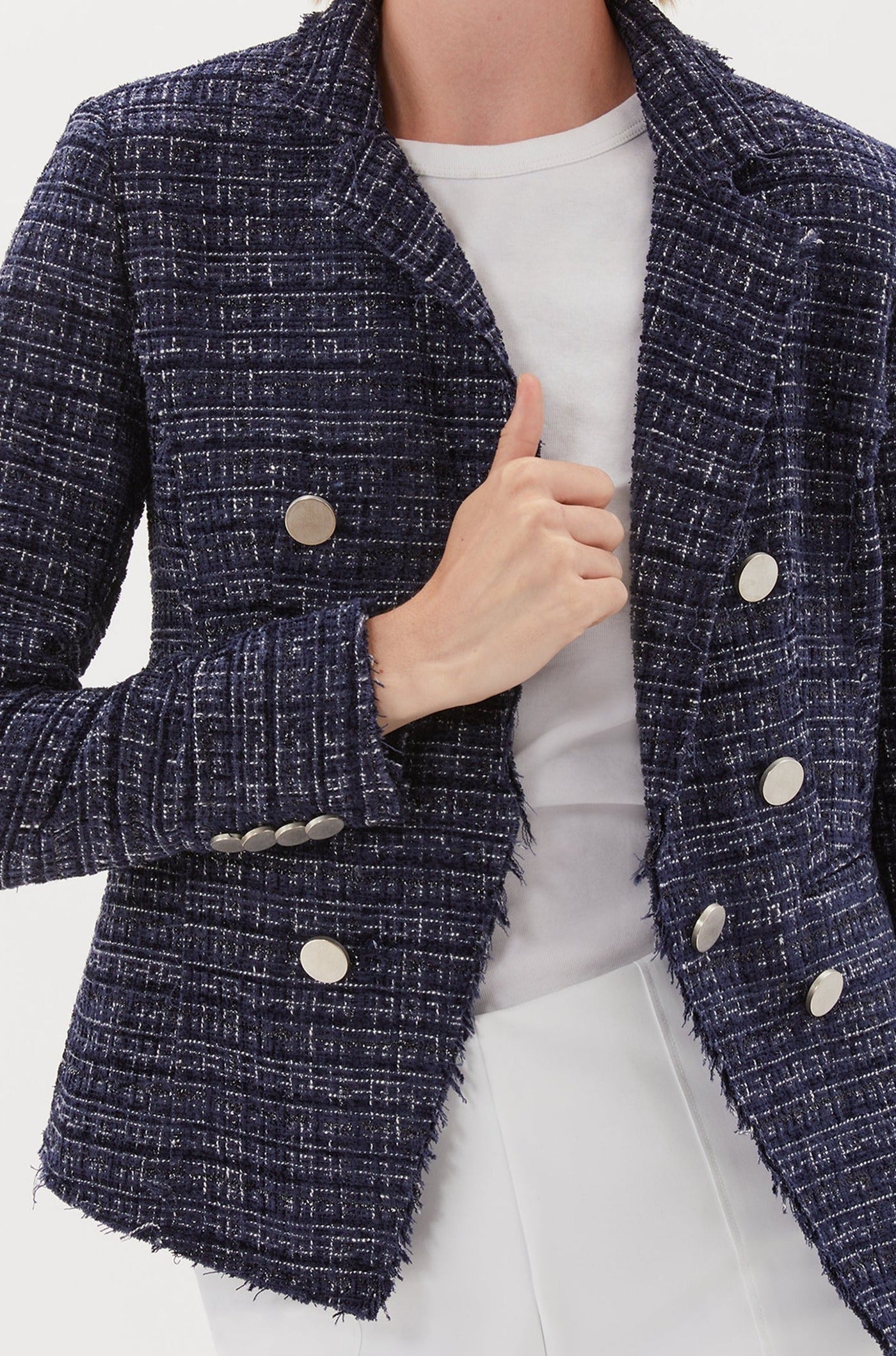 Tweed Blazer With Double Breasted Look - Navy Tweed