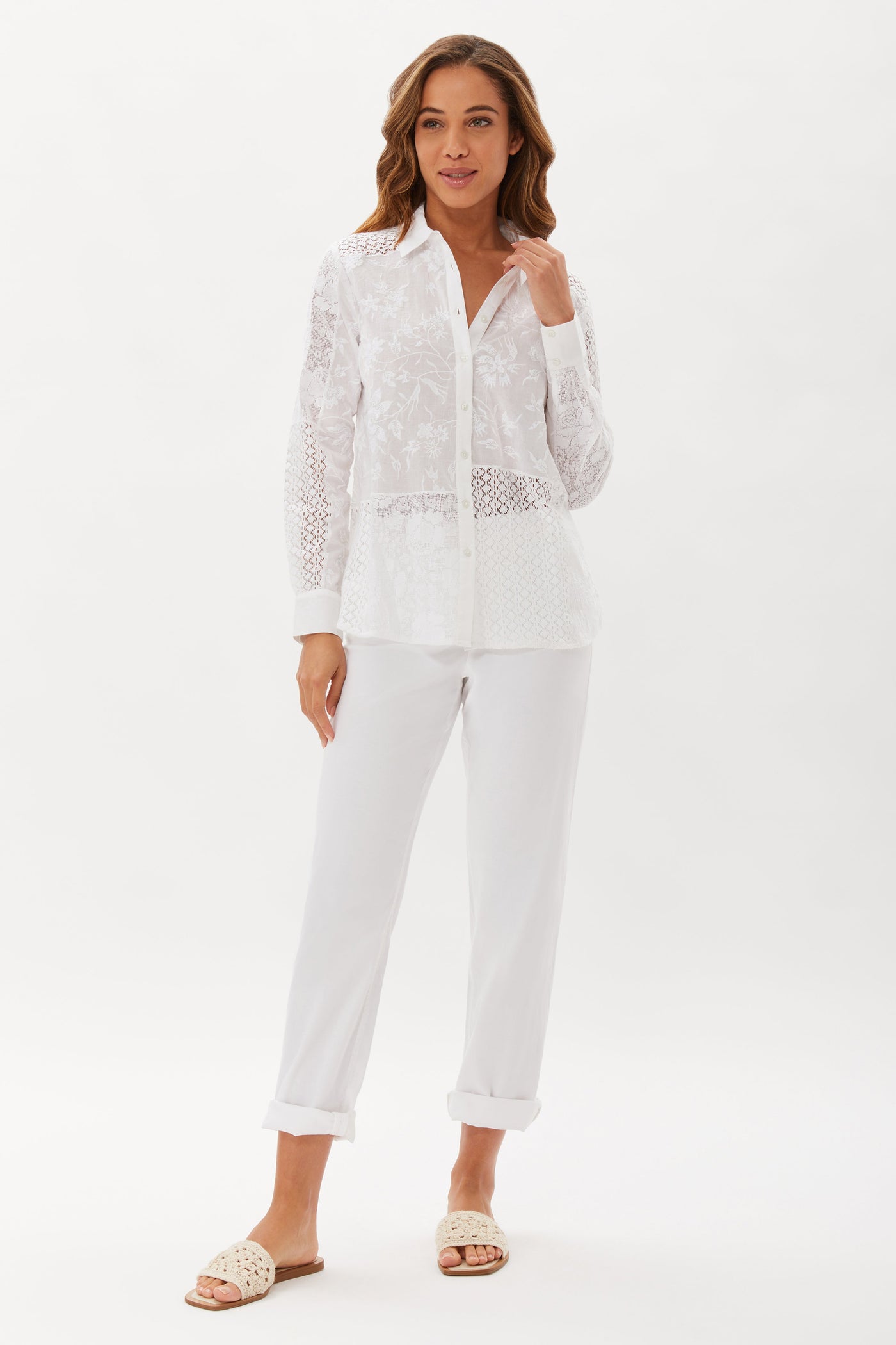 Streep Patchwork Embroidery Shirt - White