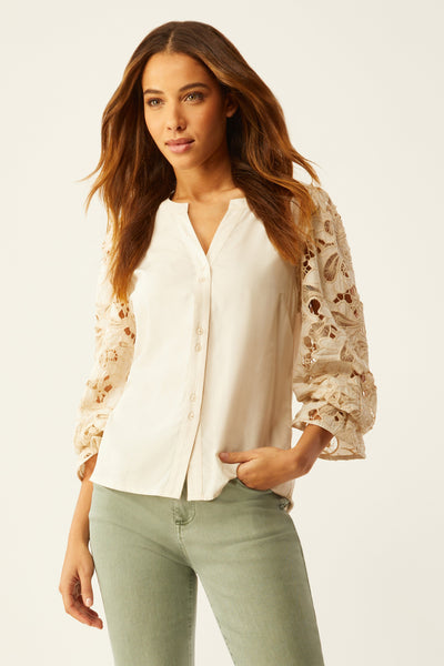 Fanning Embroidered Sleeve Top - Ecru