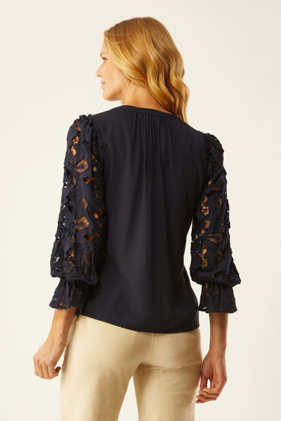 Fanning Embroidered Sleeve Top - Ink
