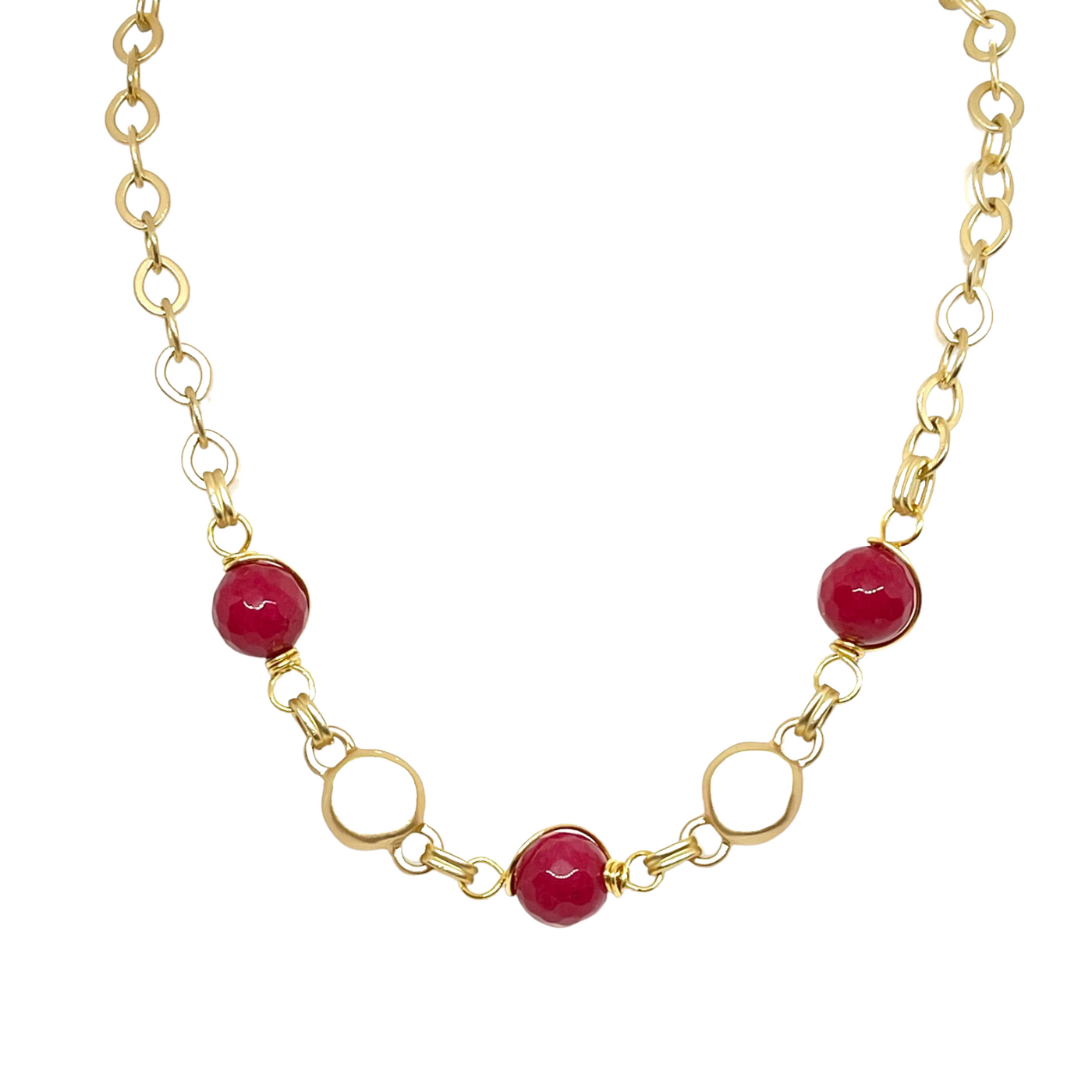 Red Jade Wire Wrapped Matte Gold Necklace
