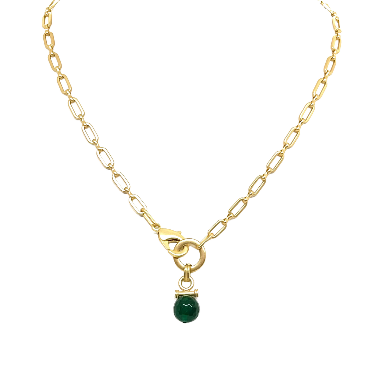 Matte Gold Paperclip Chain Necklace With Green Jade Pendant
