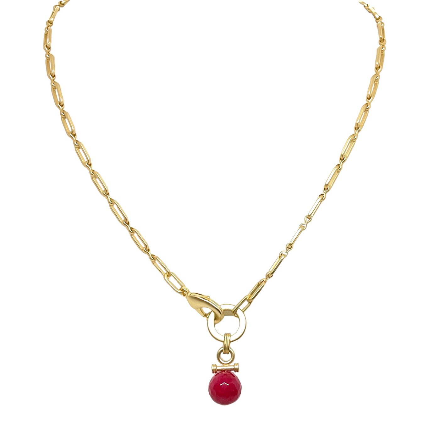 Matte Gold Paperclip Chain Necklace With Red Jade Pendant