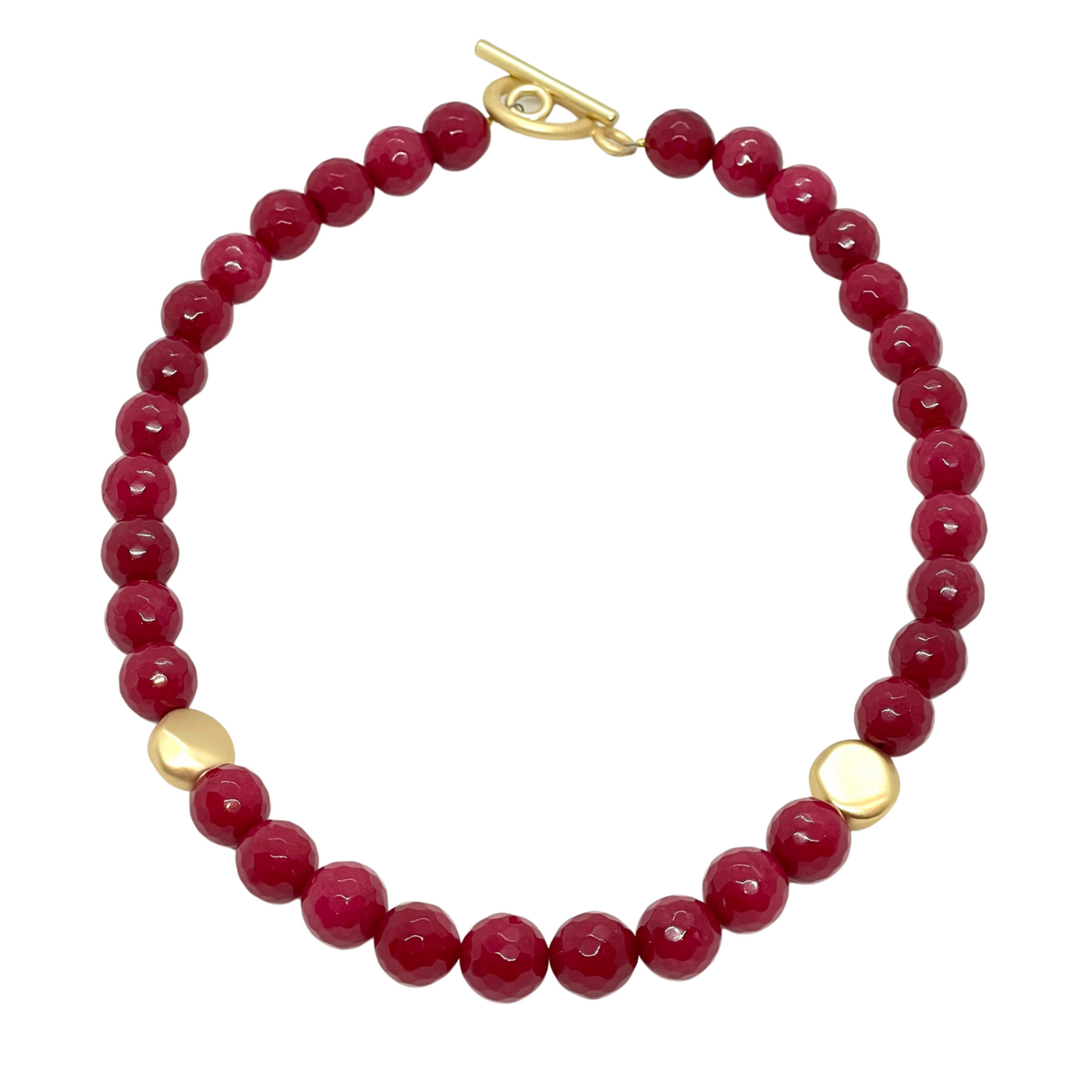 Red Jade Necklace With Matte Gold Flat Bead Accents