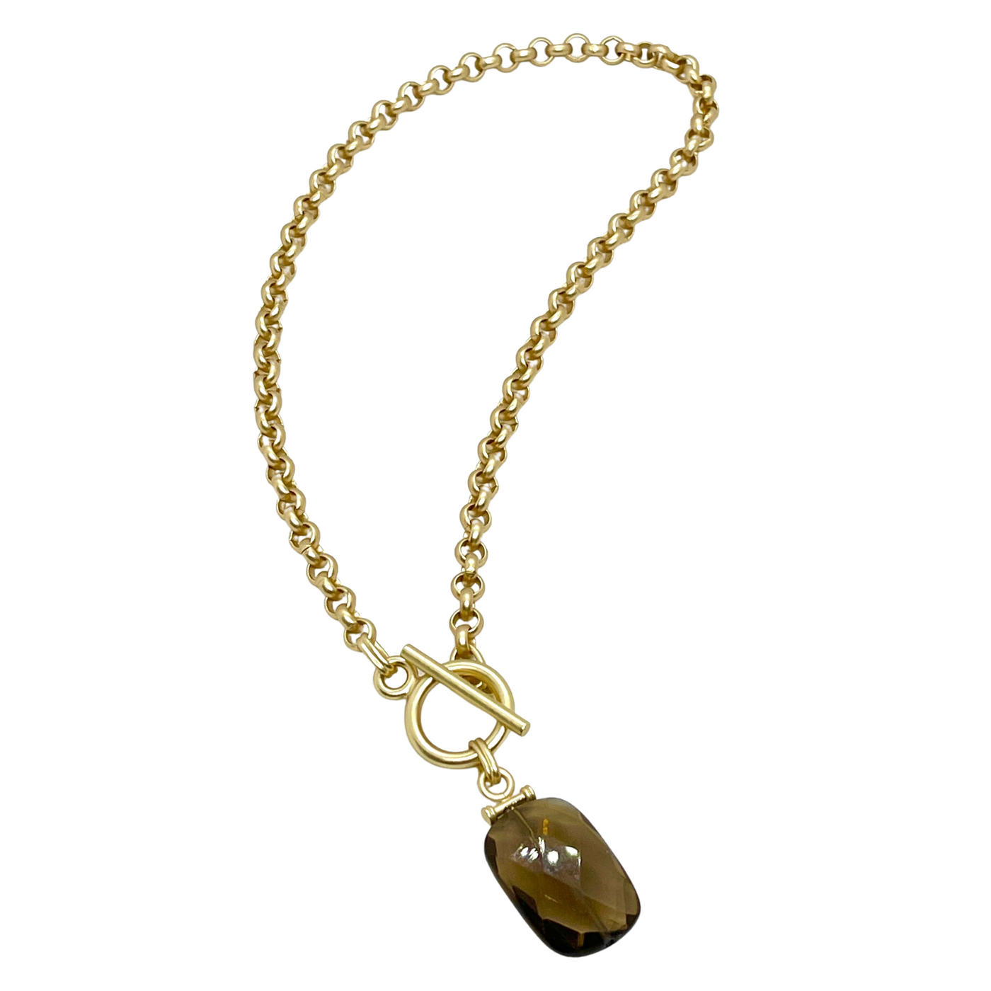 Matte Gold Rolo Chain Necklace with Smoke Topaz Pendant