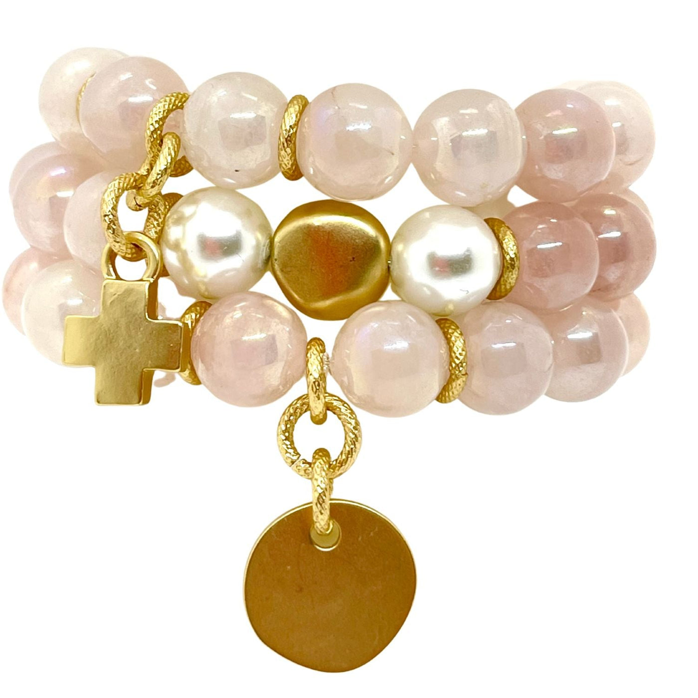 Glazed Rose Quartz Bracelet With Matte Gold Cross Charm