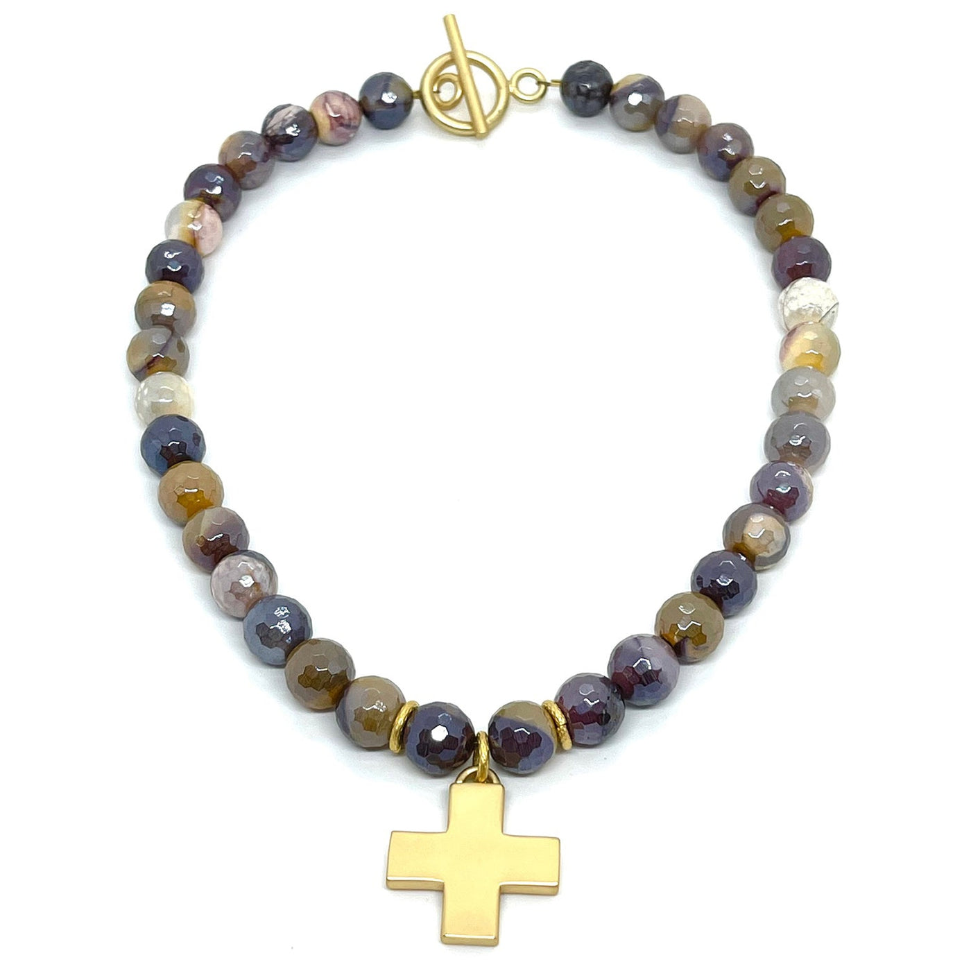 Mookatite Beaded Necklace With Large Go Matte Gold Cross Pendant