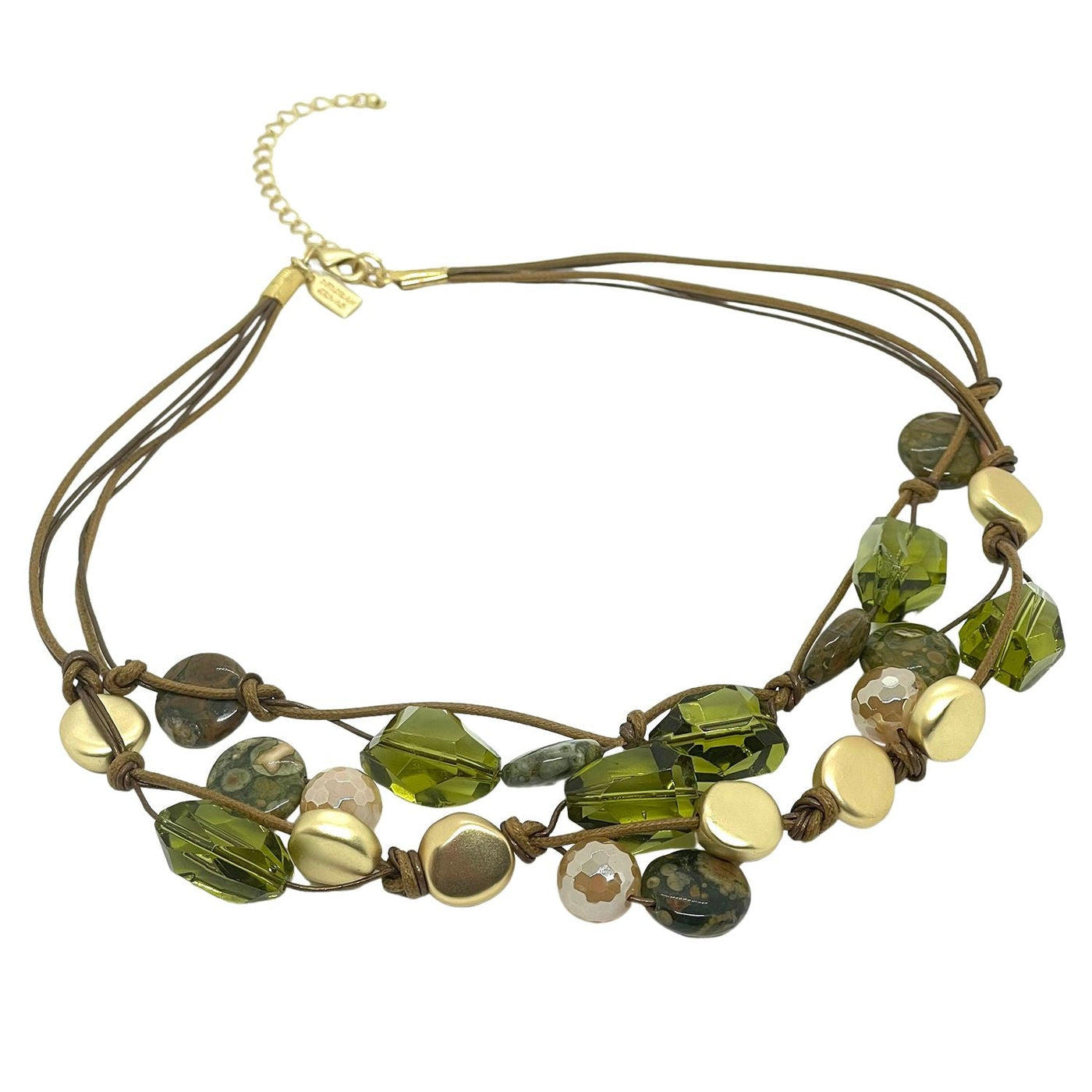 Olive Nugget Crystal Matte Gold Bead Two Strand Torsade Necklace