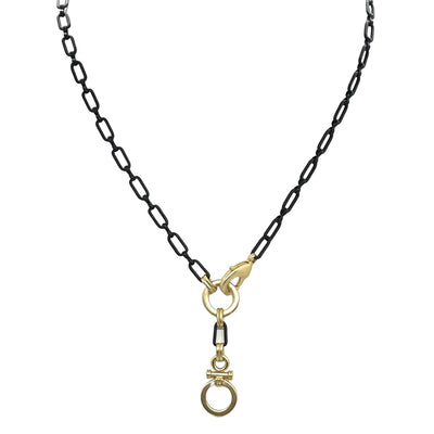 Matte Black Paperclip Chain Necklace With Matte Gold Circle Bar Pendant