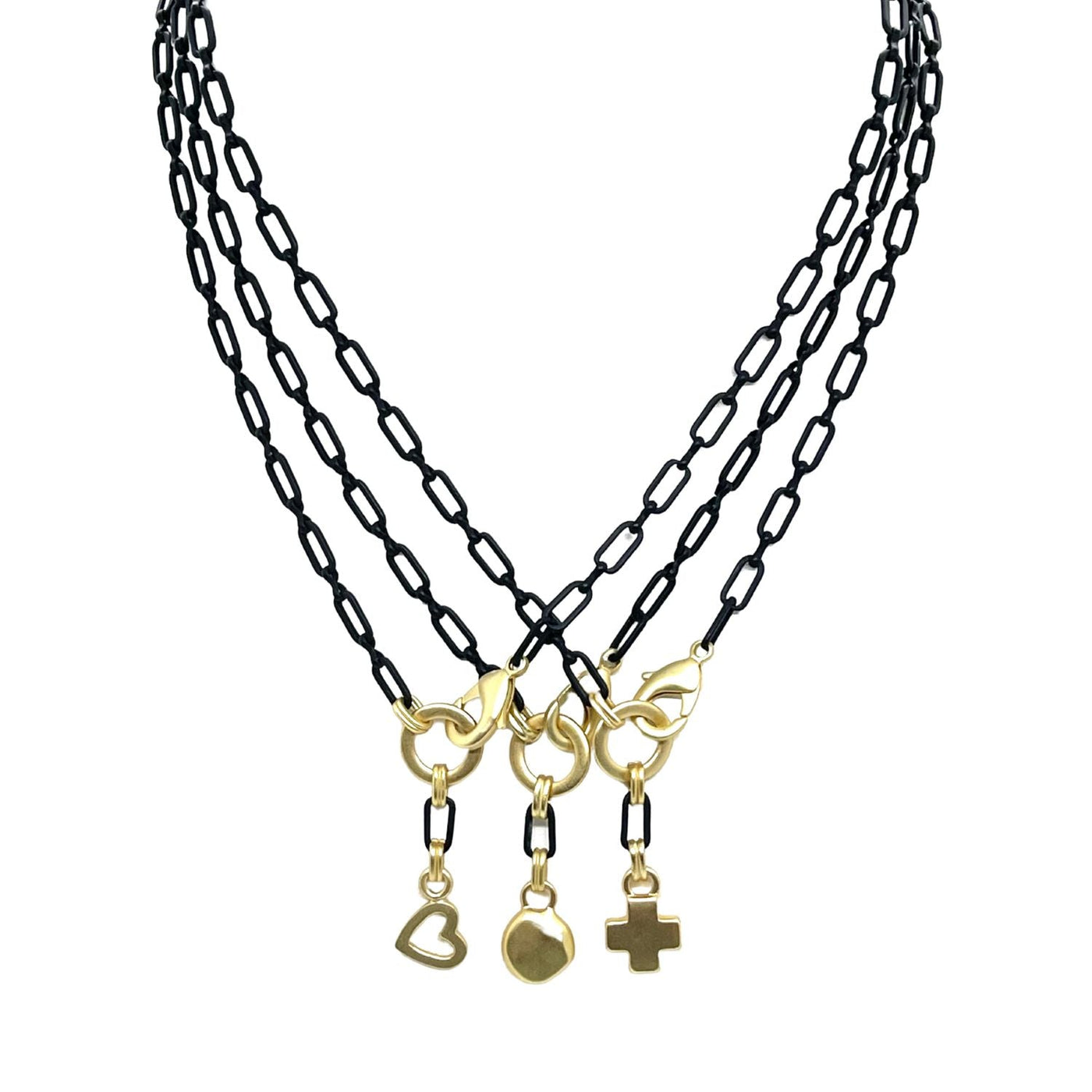 Matte Black Paperclip Chain Necklace With Gold Cross Pendant