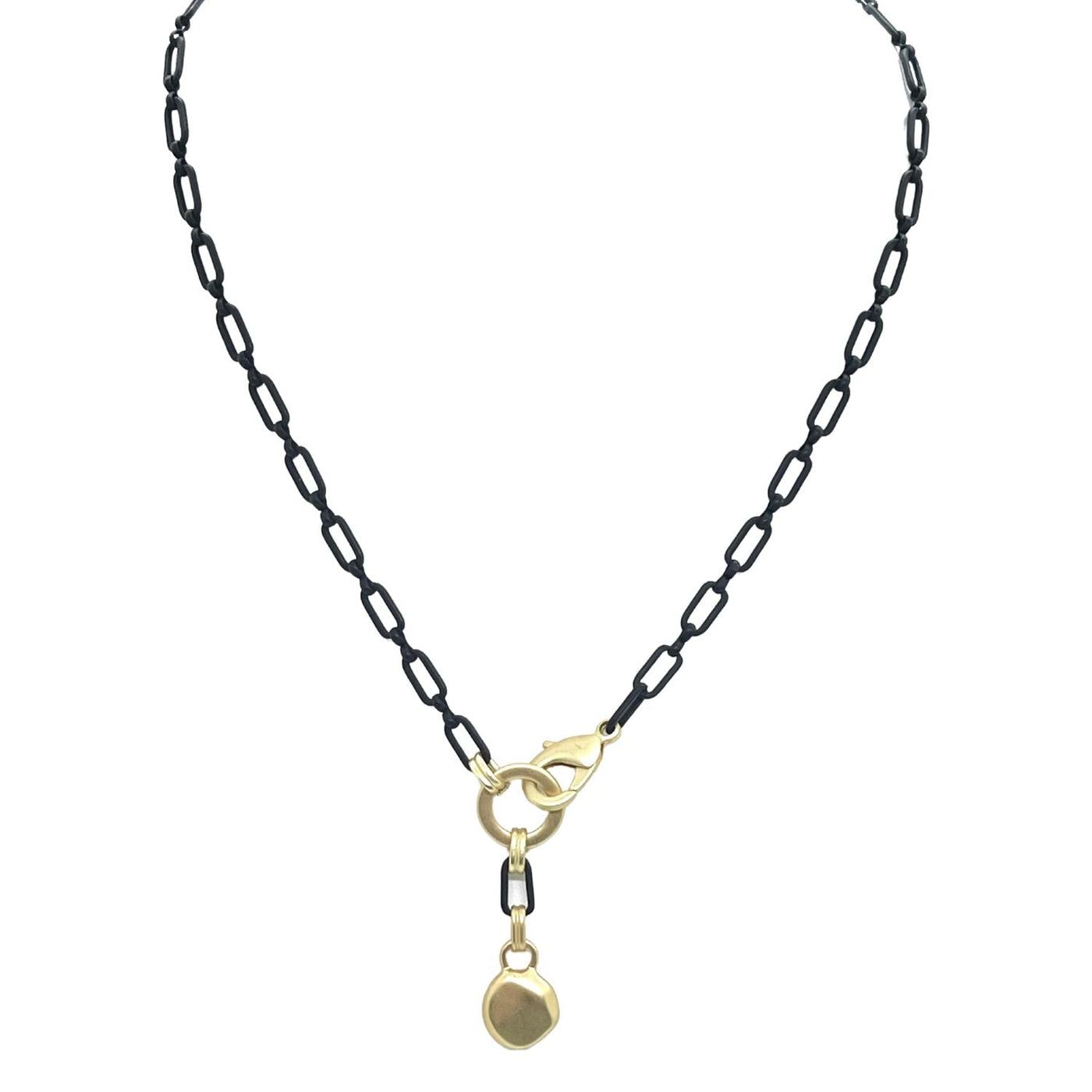 Matte Black Paperclip Chain Necklace With Gold Nugget Pendant