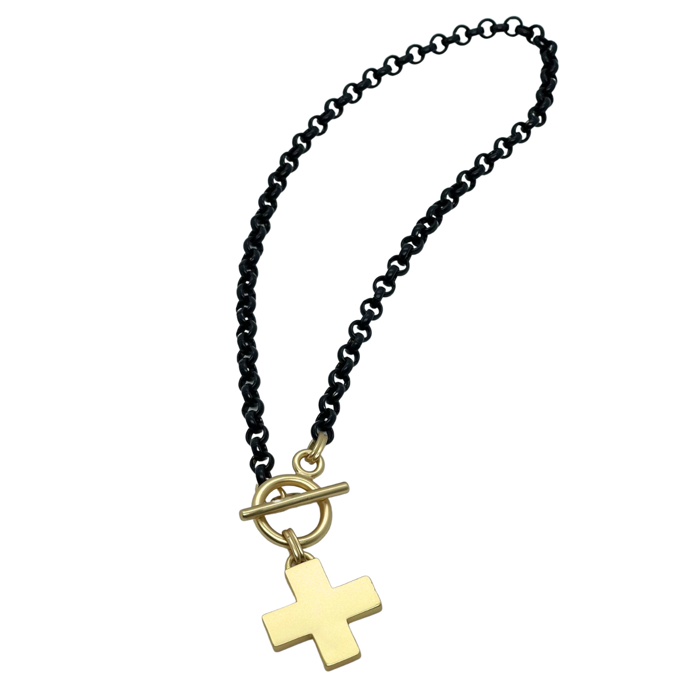 Matte Gold Cross Pendant on Matte Black Chain
