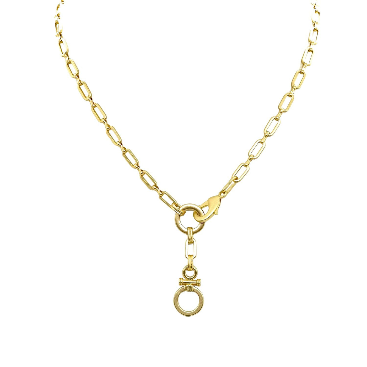 Matte Gold Paperclip Chain Necklace With Circle Bar Pendant