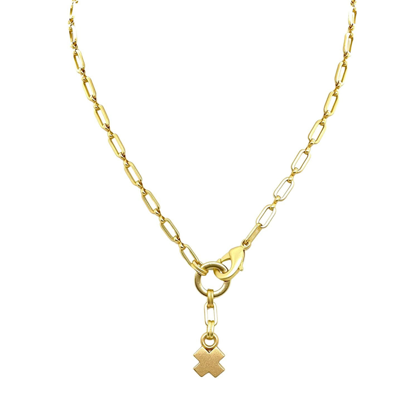 Matte Gold Paperclip Chain Necklace With X Pendant