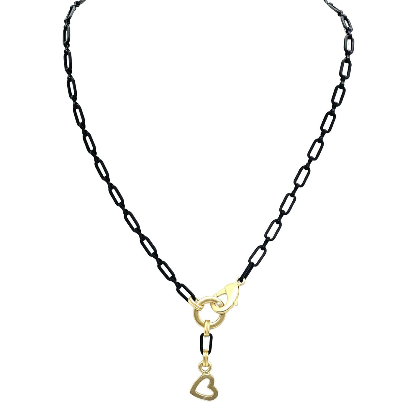 Matte Black Paperclip Chain Necklace With Matte Gold Heart Pendant