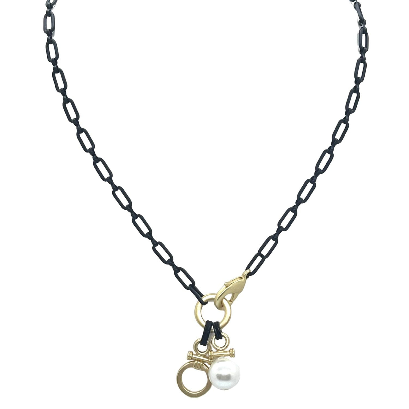 Pearl And Matte Gold Circle Double Charm Necklace On Matte Black Chain