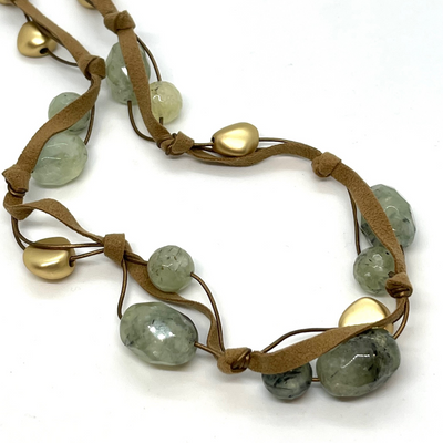 Prehnite and Matte Gold Nugget Necklace on Bronze Linen and Leather