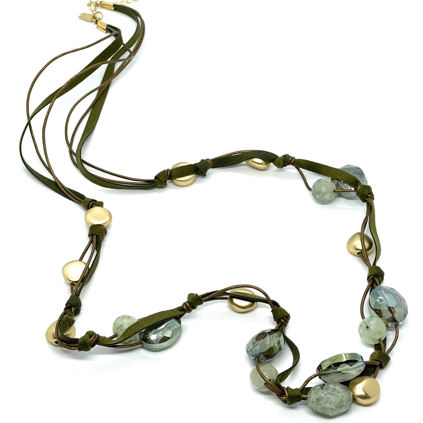 Prehnite and Olive Crystal Long Necklace on Olive Suede and Bronze Leather