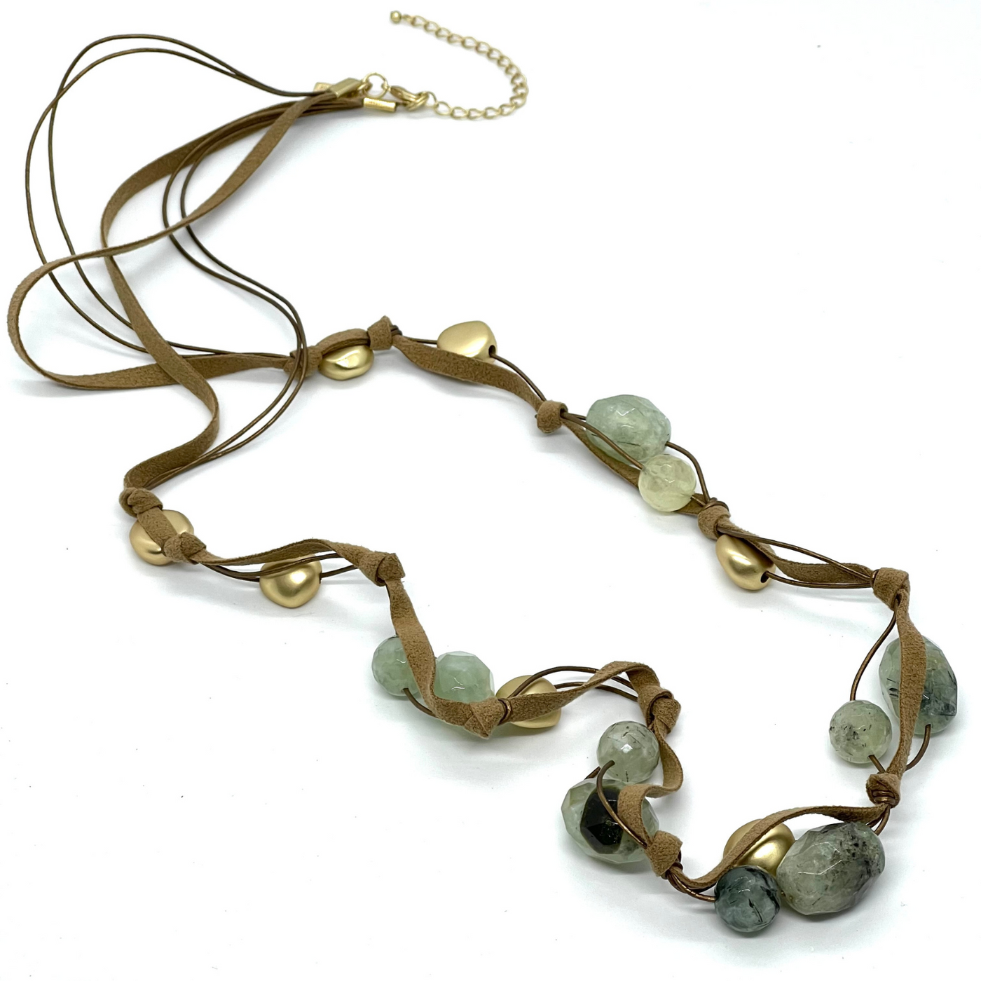 Prehnite and Matte Gold Nugget Necklace on Bronze Linen and Leather