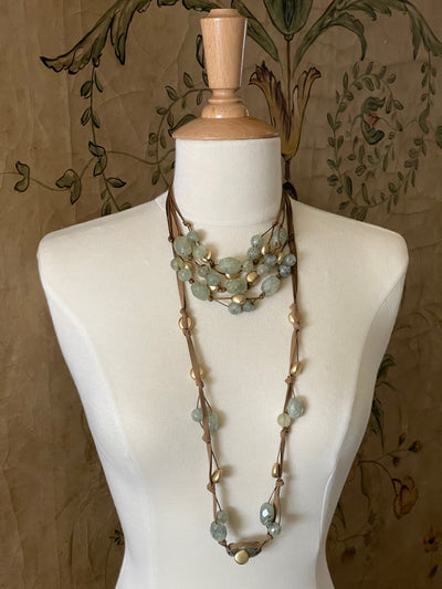 Prehnite and Matte Gold Nugget Necklace on Bronze Linen and Leather