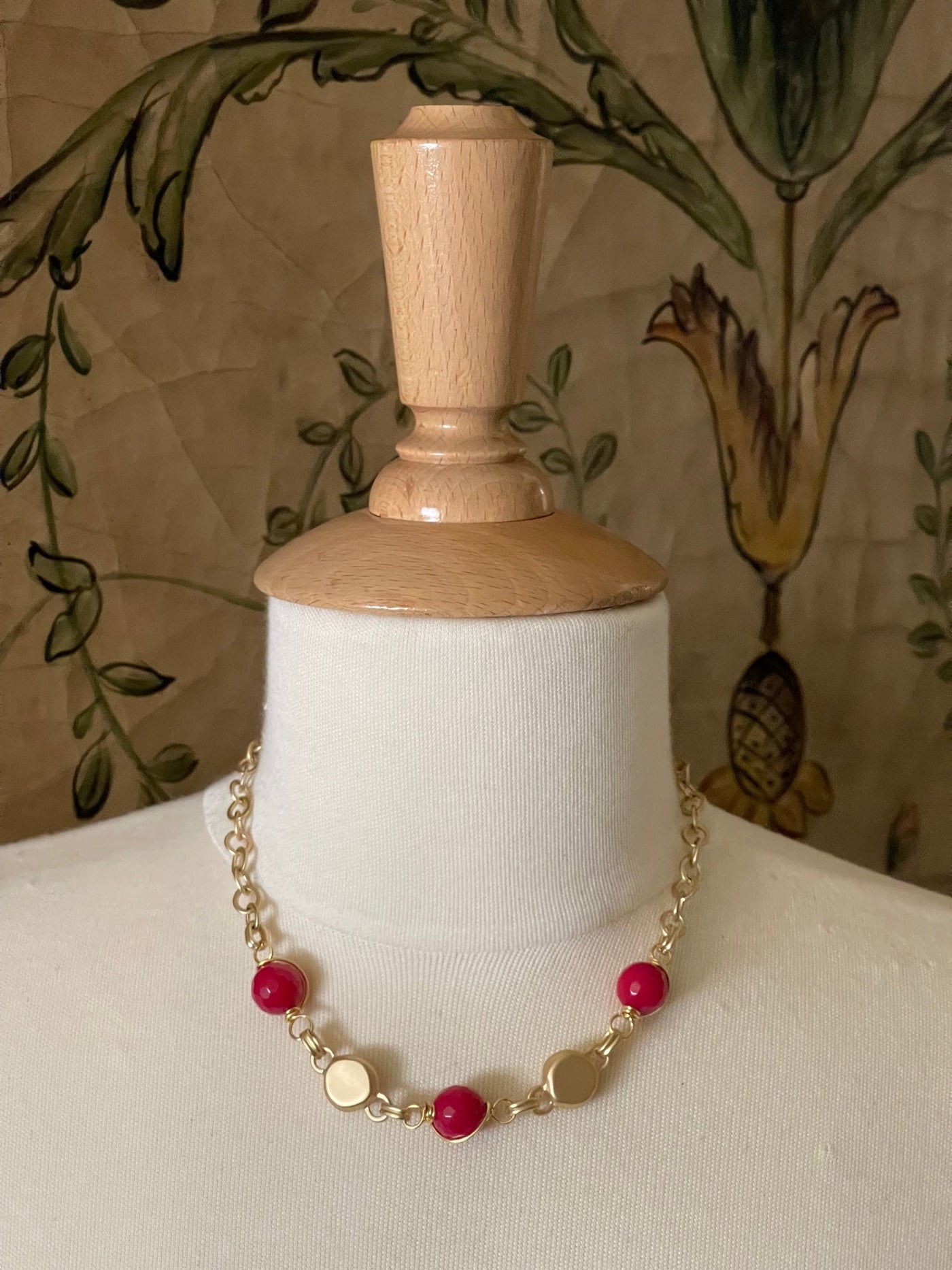 Red Jade Wire Wrapped Matte Gold Necklace