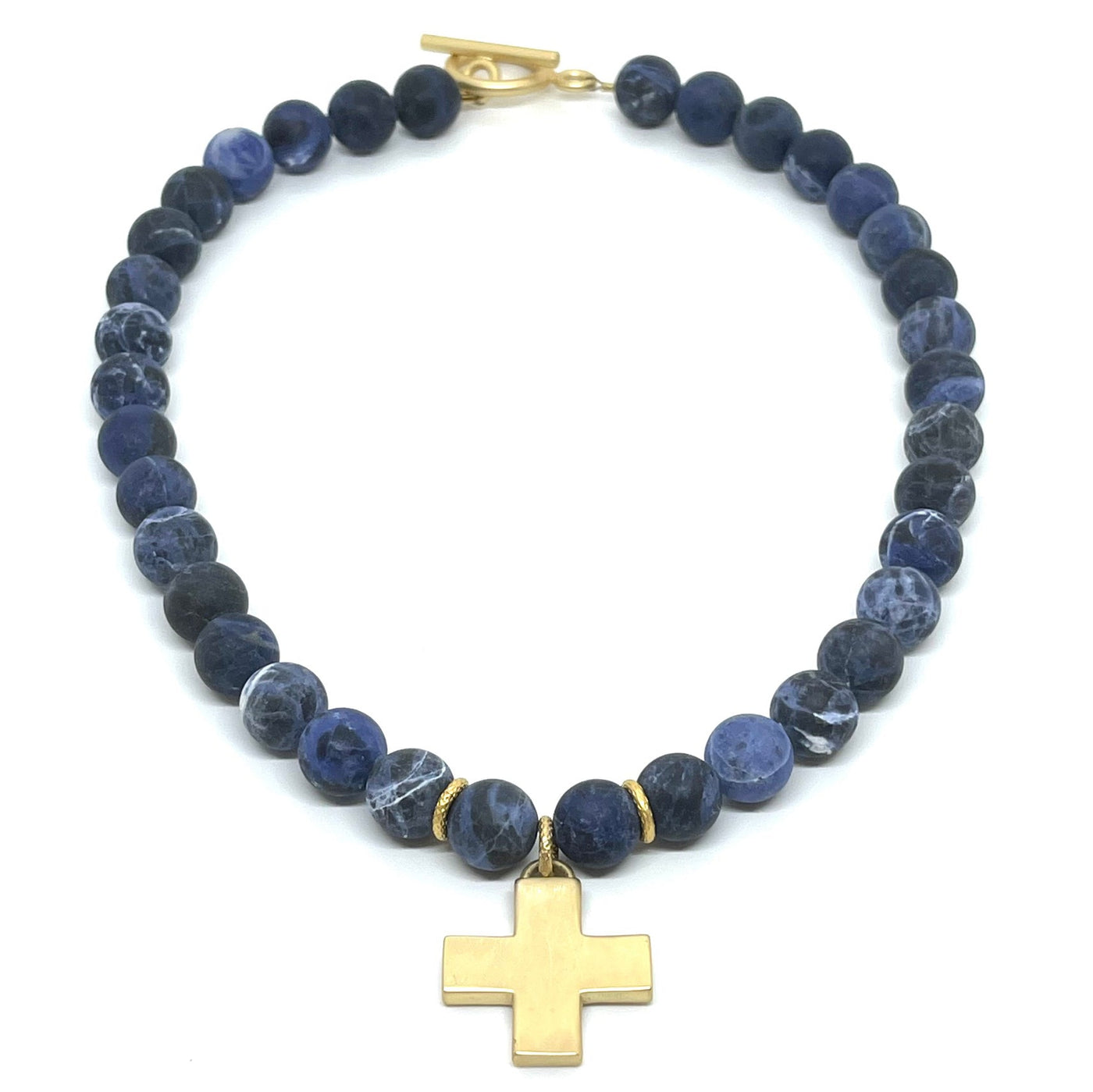 Matte Sodalite Beaded Necklace With Matte Gold Cross Pendant