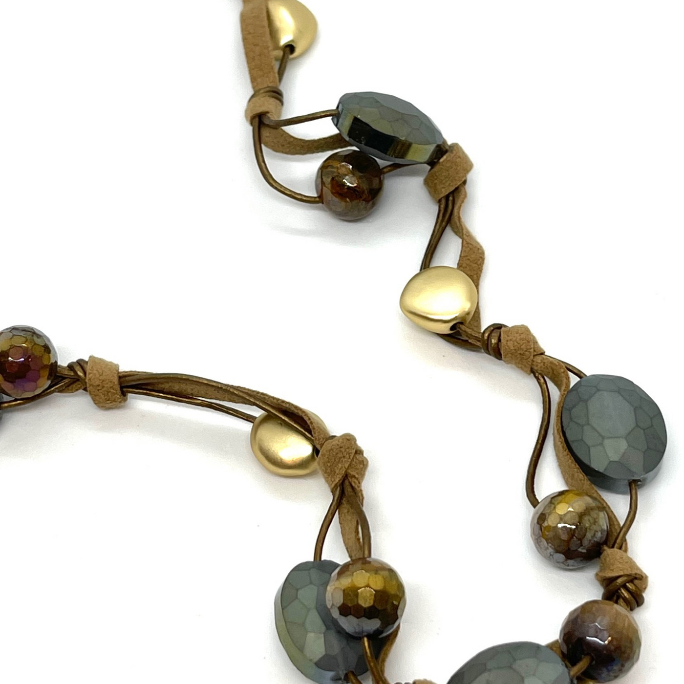Matte Olive Crystal and Tigers Eye Long Necklace On Bronze Linen and Leather