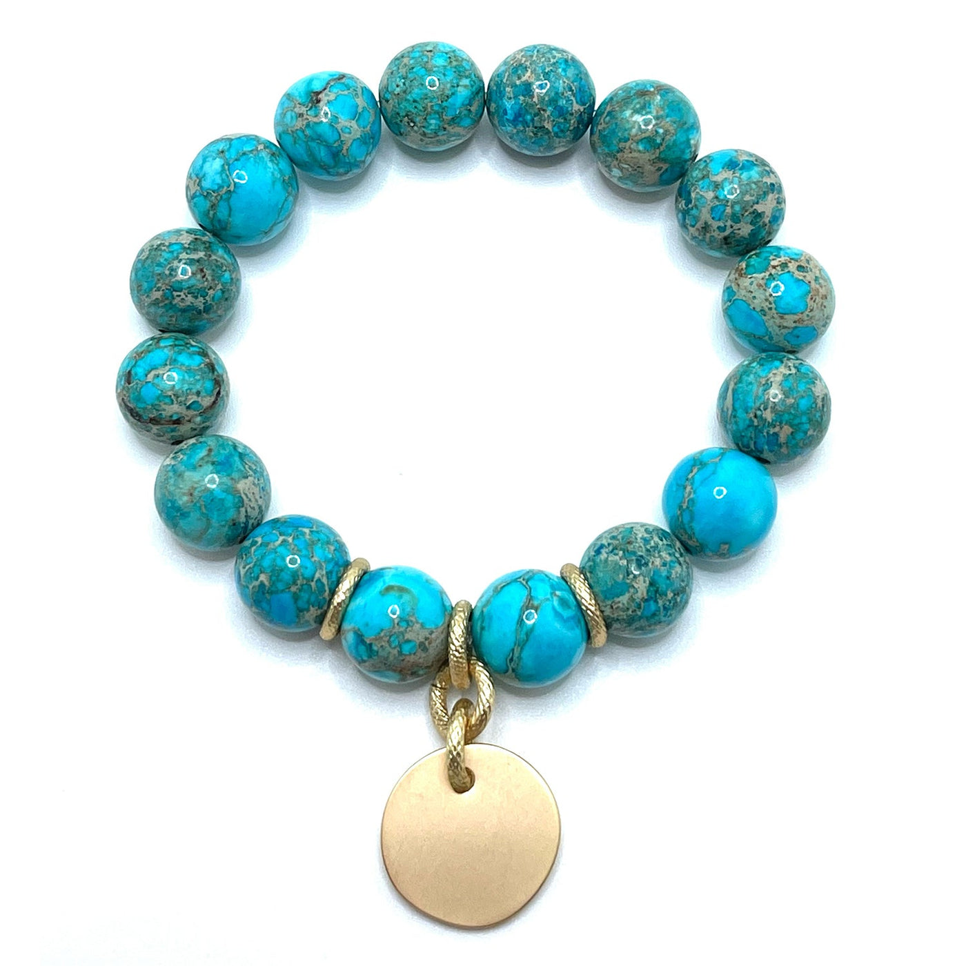 Turquoise Aqua Terra Jasper Matte Gold Charm Stretch Bracelet