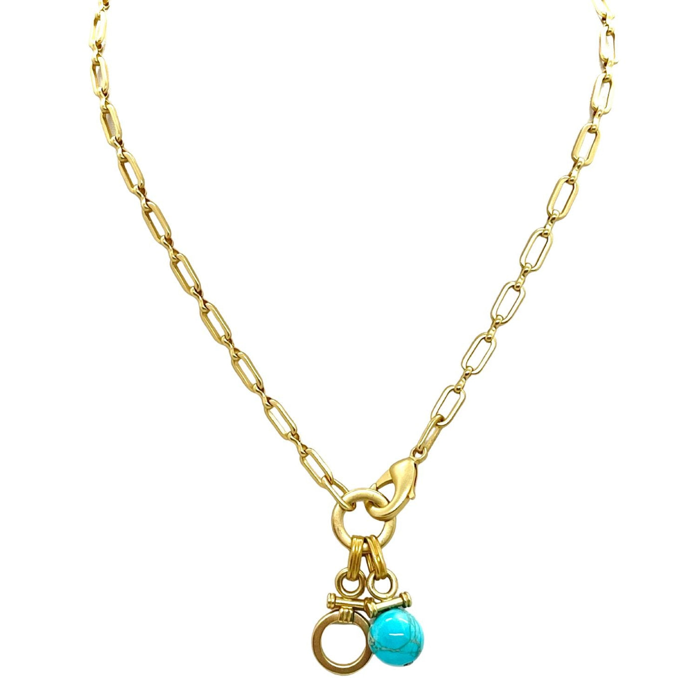Turquoise Aqua Terra And Matte Gold Circle Double Charm Necklace
