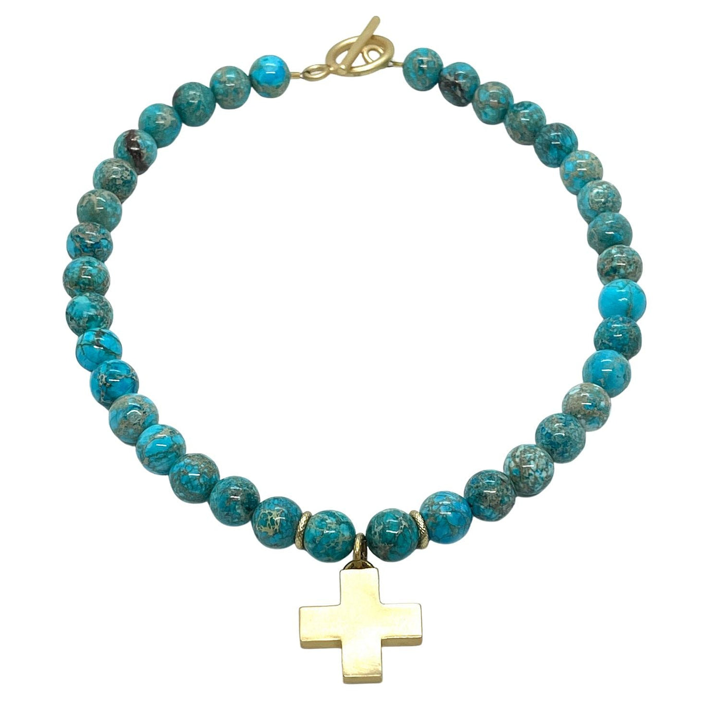Turquoise Aqua Terra Jasper Beaded Necklace With Matte Gold Cross Pendant