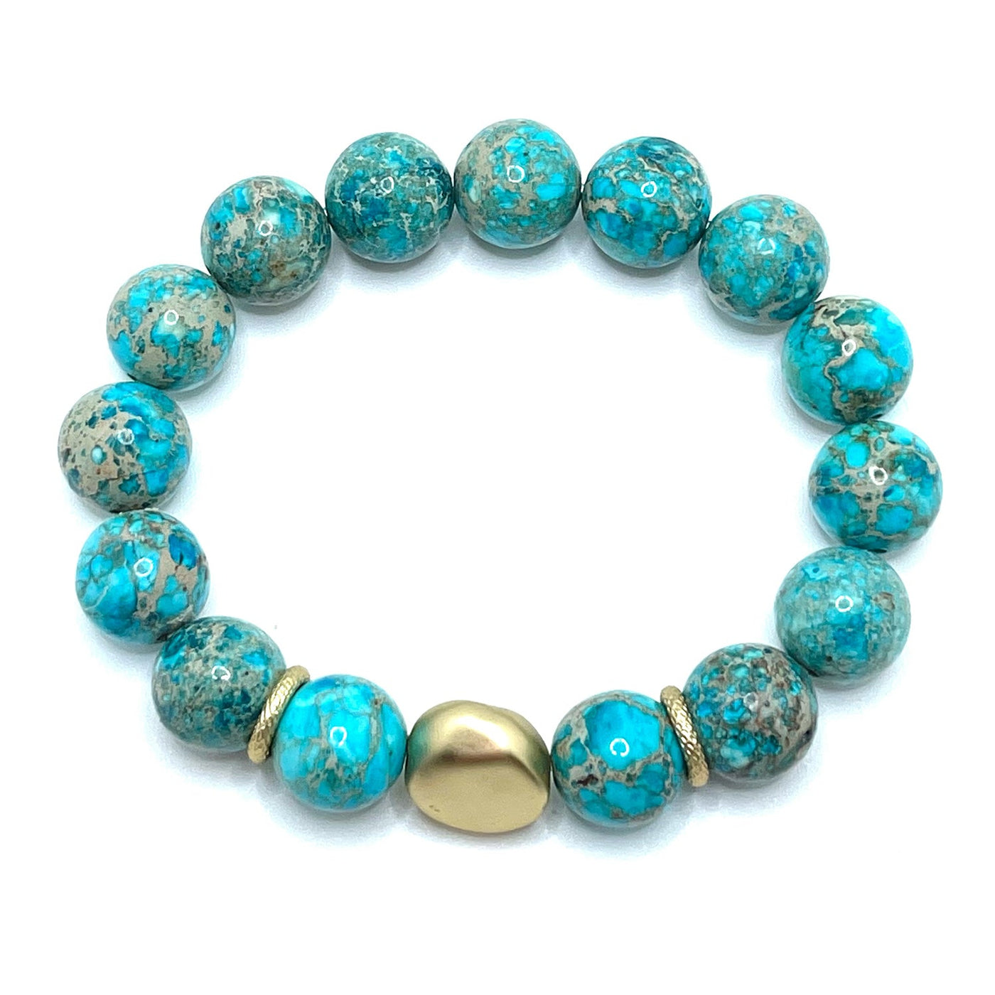 Turquoise Aqua Terra Jasper Matte Gold Nugget Stretch Bracelet